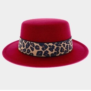 Wide-Brim Wool Felt Fedora Hat with Leopard Band - Burgundy